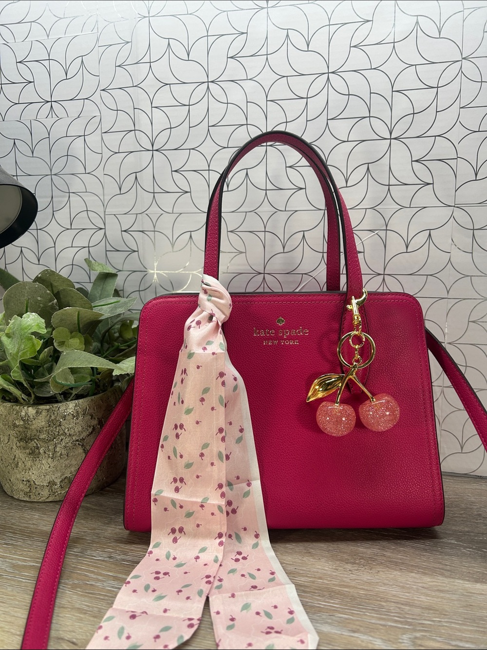 2717 kate spade Hot Pink Leather Satchel with Cherry Charm 852717